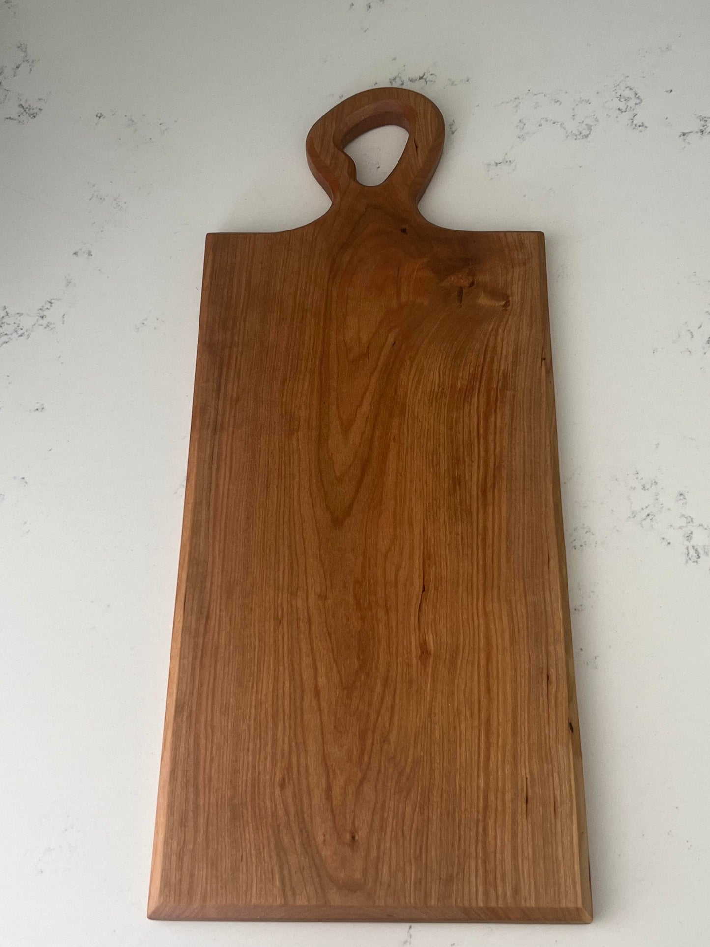 Cherry Paddle Cutting Board- 22"x 8.87" Solid No Glue, Curved Paddle Handle, Wood Serving Board