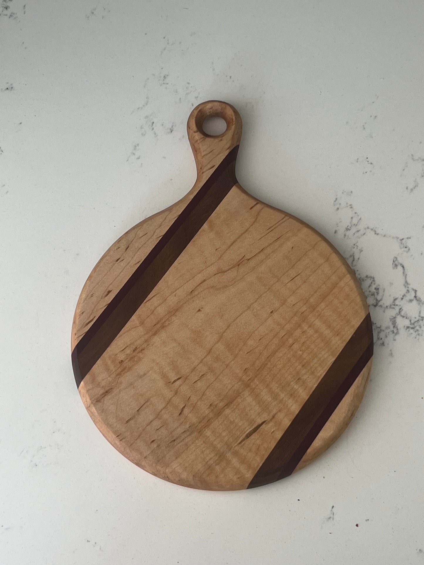 Round Paddle Cutting Board- Maple, Walnut, and Purple Heart- 11" x8"