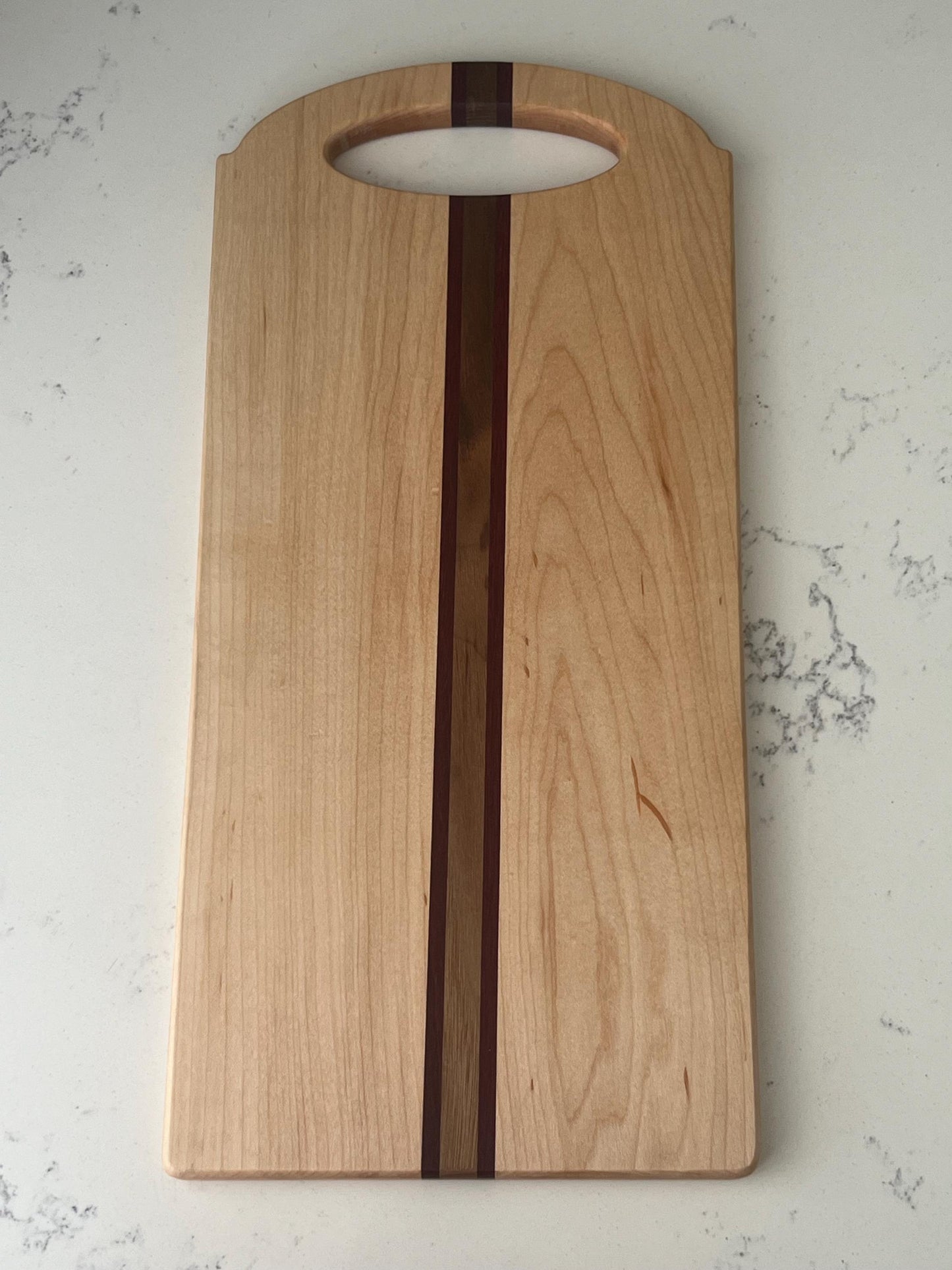 Handmade Cutting Board with Handle- 16.75" x 7.75"Maple, Purple Heart, Walnut, Curved Handle