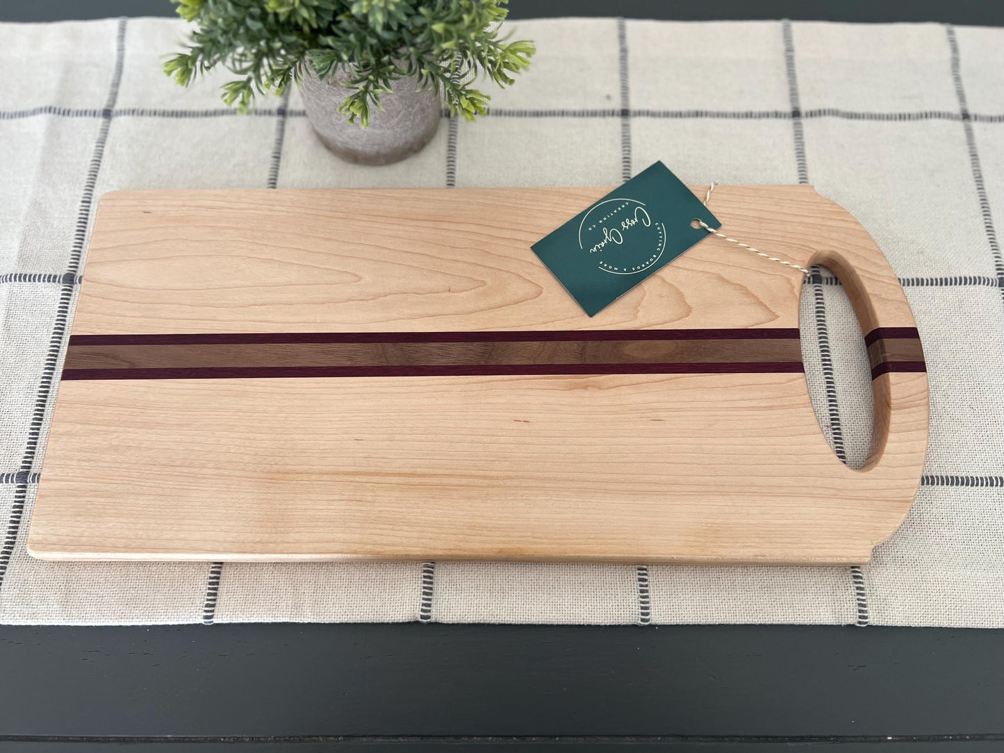 Handmade Cutting Board with Handle- 16.75" x 7.75"Maple, Purple Heart, Walnut, Curved Handle